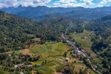 Ella yakınlarındaki köyler ve çay tarlalarıyla dolu Sri Lanka 'nın tepeli manzarası.