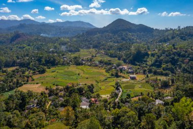 Ella yakınlarındaki köyler ve çay tarlalarıyla dolu Sri Lanka 'nın tepeli manzarası.