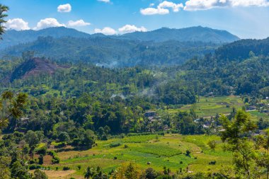 Ella yakınlarındaki köyler ve çay tarlalarıyla dolu Sri Lanka 'nın tepeli manzarası.