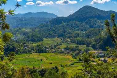 Ella yakınlarındaki köyler ve çay tarlalarıyla dolu Sri Lanka 'nın tepeli manzarası.