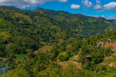 Ella yakınlarındaki köyler ve çay tarlalarıyla dolu Sri Lanka 'nın tepeli manzarası.