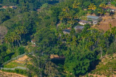 Ella yakınlarındaki köyler ve çay tarlalarıyla dolu Sri Lanka 'nın tepeli manzarası.