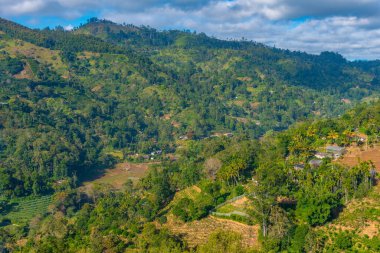 Ella yakınlarındaki köyler ve çay tarlalarıyla dolu Sri Lanka 'nın tepeli manzarası.