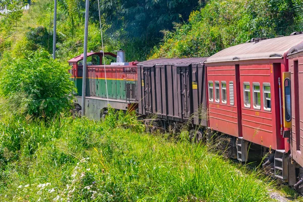 Поїзд Звивається Схилі Пагорба Серед Чайних Плантацій Шрі Ланці — стокове фото
