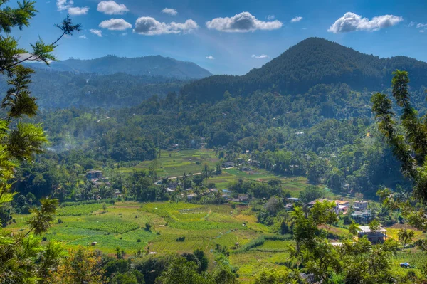Heuvelachtig Landschap Van Sri Lanka Bezaaid Met Dorpen Theeplantages Buurt — Stockfoto