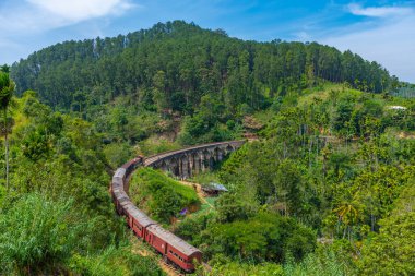 Ella, Sri Lanka yakınlarındaki dokuz kemerli köprüden geçen tren..