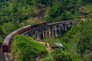 Ella, Sri Lanka yakınlarındaki dokuz kemerli köprüden geçen tren..