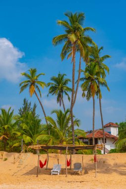 Marakolliya sahilindeki güneşlik yatakları, Sri Lanka.