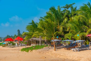 Marakolliya sahilindeki güneşlik yatakları, Sri Lanka.