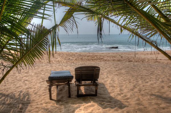 Sunbeds at Marakolliya beach, Sri Lanka.