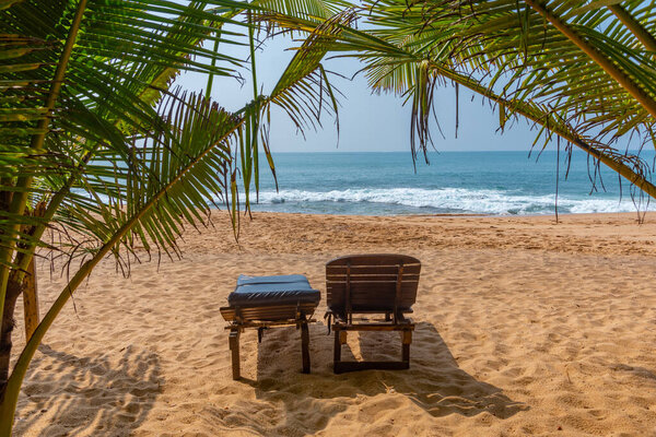Sunbeds at Marakolliya beach, Sri Lanka.