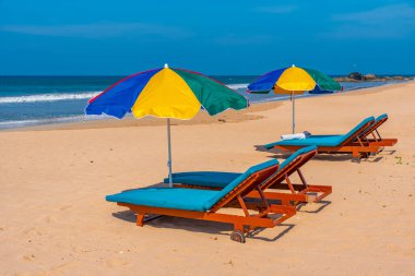 Bentota plajında güneşli yataklar, Sri Lanka.