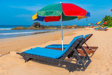 Bentota plajında güneşli yataklar, Sri Lanka.