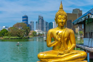 Sri Lanka, Colombo 'daki Gangarama Seema Malakaya Budist Tapınağı' ndaki altın Buda heykelleri..