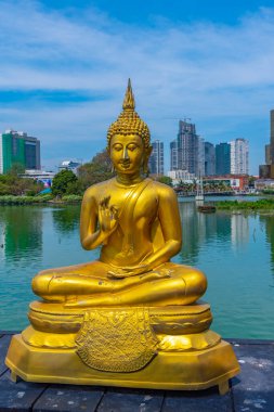 Sri Lanka, Colombo 'daki Gangarama Seema Malakaya Budist Tapınağı' ndaki altın Buda heykelleri..