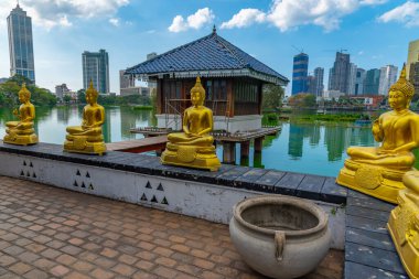 Sri Lanka, Colombo 'daki Gangarama Seema Malakaya Budist Tapınağı' ndaki altın Buda heykelleri..