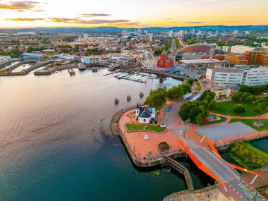 Sunset panorama view of Cardiff bay in Wales. clipart