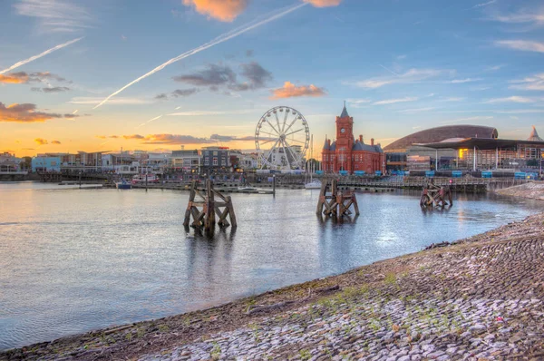 Sunset Skyline Cardiff Bay Wales Storbritannien — Stockfoto