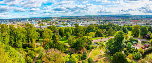 Aerial view of Brandon hill in English town Bristol.