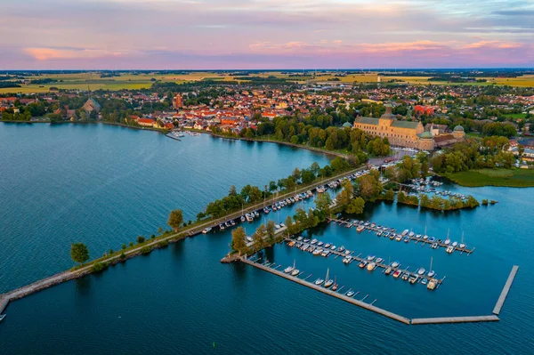 stock image Sunset aerial view of Swedish town Vadstena and its castle.