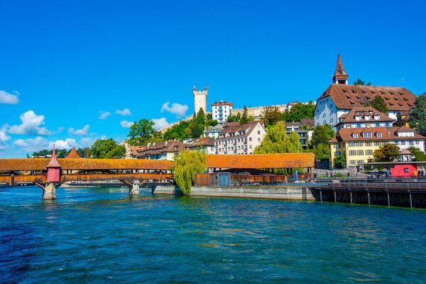 Panorama of Spreuerbruecke and historical fortification at Swiss town Luzern.