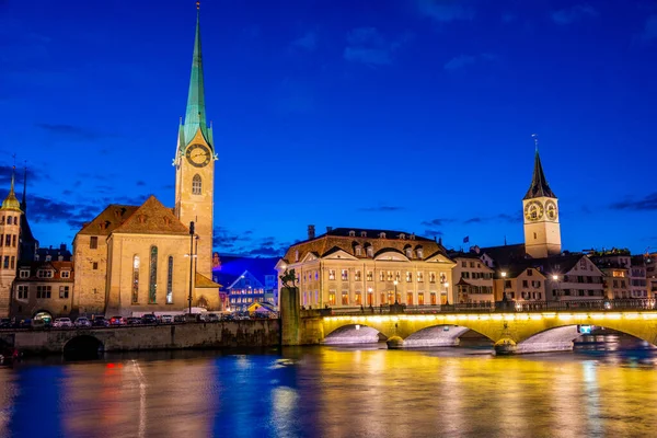 Sunset View Historic Zuerich City Center Famous Fraumuenster Church River — Stock Photo, Image