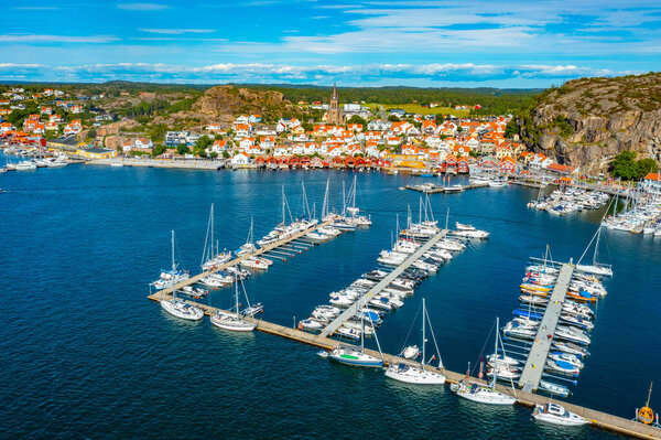View of marina in Swedish town Fjallbacka.