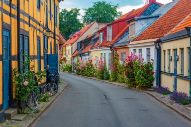 İsveç 'in Ystad kasabasında geleneksel renkli cadde.