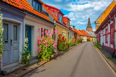 İsveç 'in Ystad kasabasında geleneksel renkli cadde.
