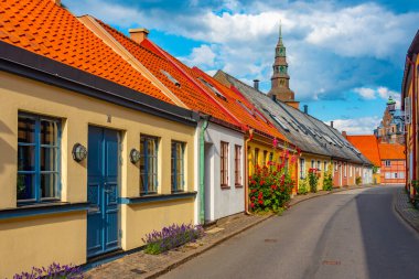 İsveç 'in Ystad kasabasında geleneksel renkli cadde.