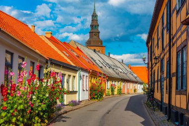 İsveç 'in Ystad kasabasında geleneksel renkli cadde.
