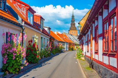 İsveç 'in Ystad kasabasında geleneksel renkli cadde.