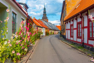 Traditional colorful street in Swedish town Ystad. clipart