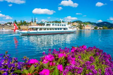 Lucerne Gölü 'nün rıhtımı, Luzern' de bir kilise, İsviçre 'de bir saksının arkasında..