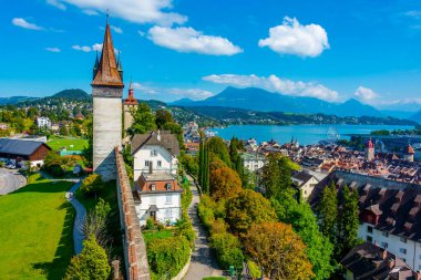 Fortification overlooking the old town of Luzern, Switzerland. clipart
