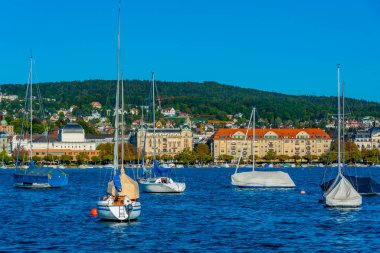 İsviçre 'deki Zuerich gölünde yüzen küçük tekneler..