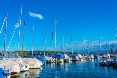 İsviçre 'deki Zuerich gölünde yüzen küçük tekneleri olan Marina..