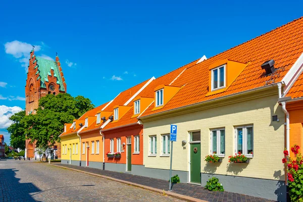 Traditional colorful street in Swedish town Trelleborg.