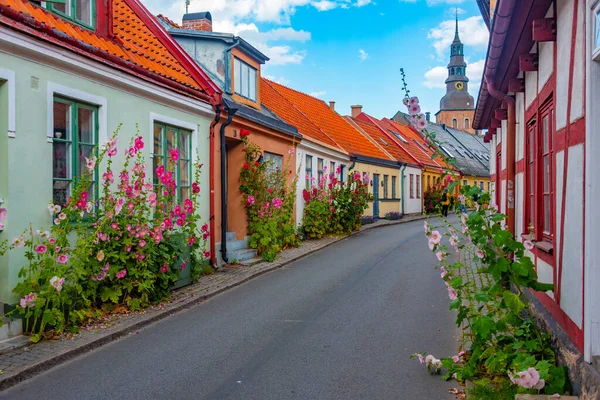 stock image Traditional colorful street in Swedish town Ystad.