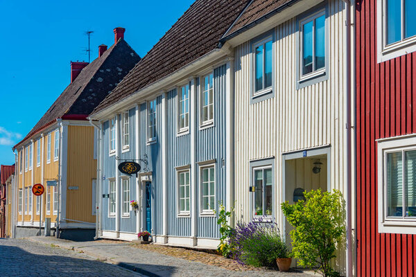 Colorful timber houses in Swedish town Karlshamn.