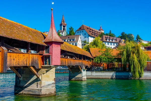 stock image Panorama of Spreuerbruecke and historical fortification at Swiss town Luzern.