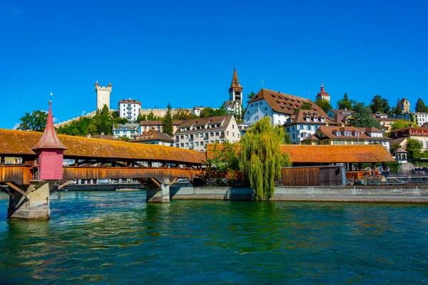 stock image Panorama of Spreuerbruecke and historical fortification at Swiss town Luzern.