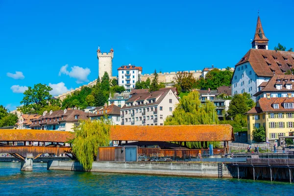 stock image Panorama of Spreuerbruecke and historical fortification at Swiss town Luzern.