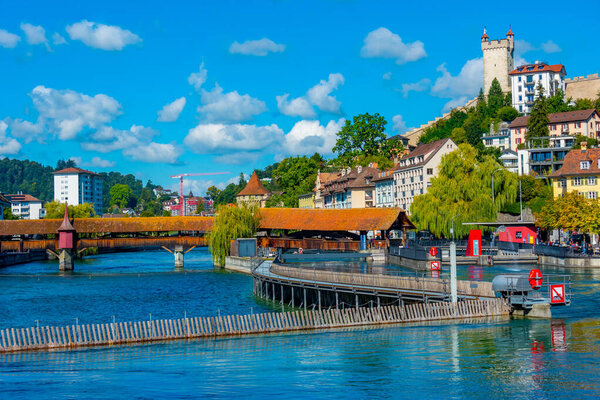 Panorama of Spreuerbruecke and historical fortification at Swiss town Luzern.
