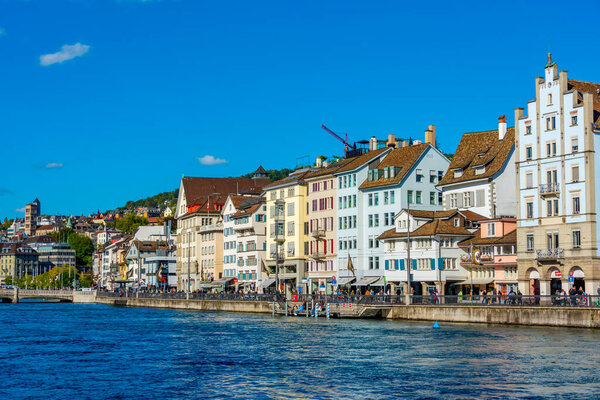 Panorama view of Limmat river in Zurich, Switzerland.