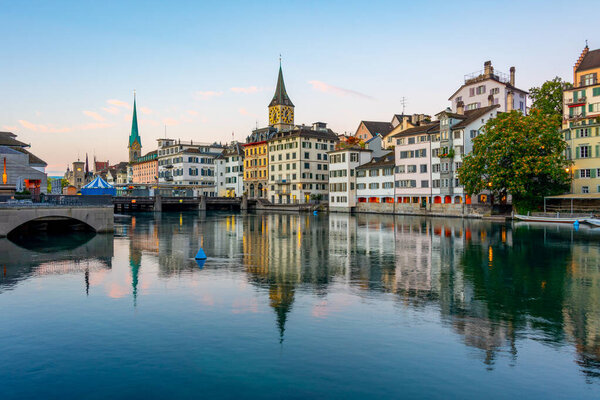 Sunrise view of historic Zuerich city center in Switzerland.
