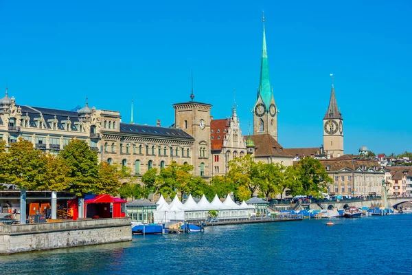 Panoramic View Historic Zuerich City Center Famous Fraumuenster Church River — Stock Photo, Image