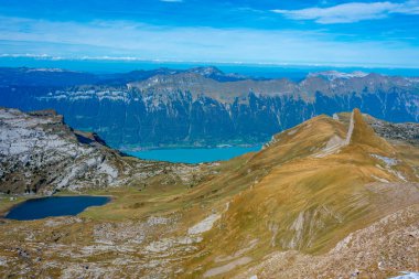 İsviçre 'de Schynige Platte-First yürüyüş pisti yanında Brienzersee Gölü manzarası.