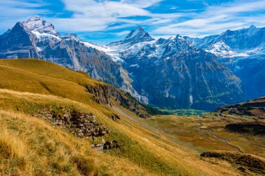 İsviçre 'deki Grindelwald köyünün üzerindeki Alpler Panoraması.