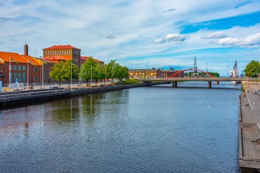 Lidkoping, İsveç 'te rıhtım manzarası.